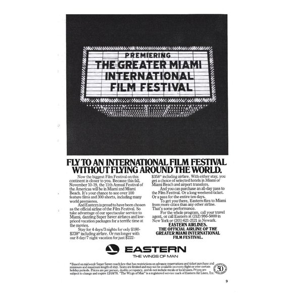 Eastern Airlines Great Miami Film Festival 1970s Vintage Print Ad 9 in Tall - Picture 1 of 4